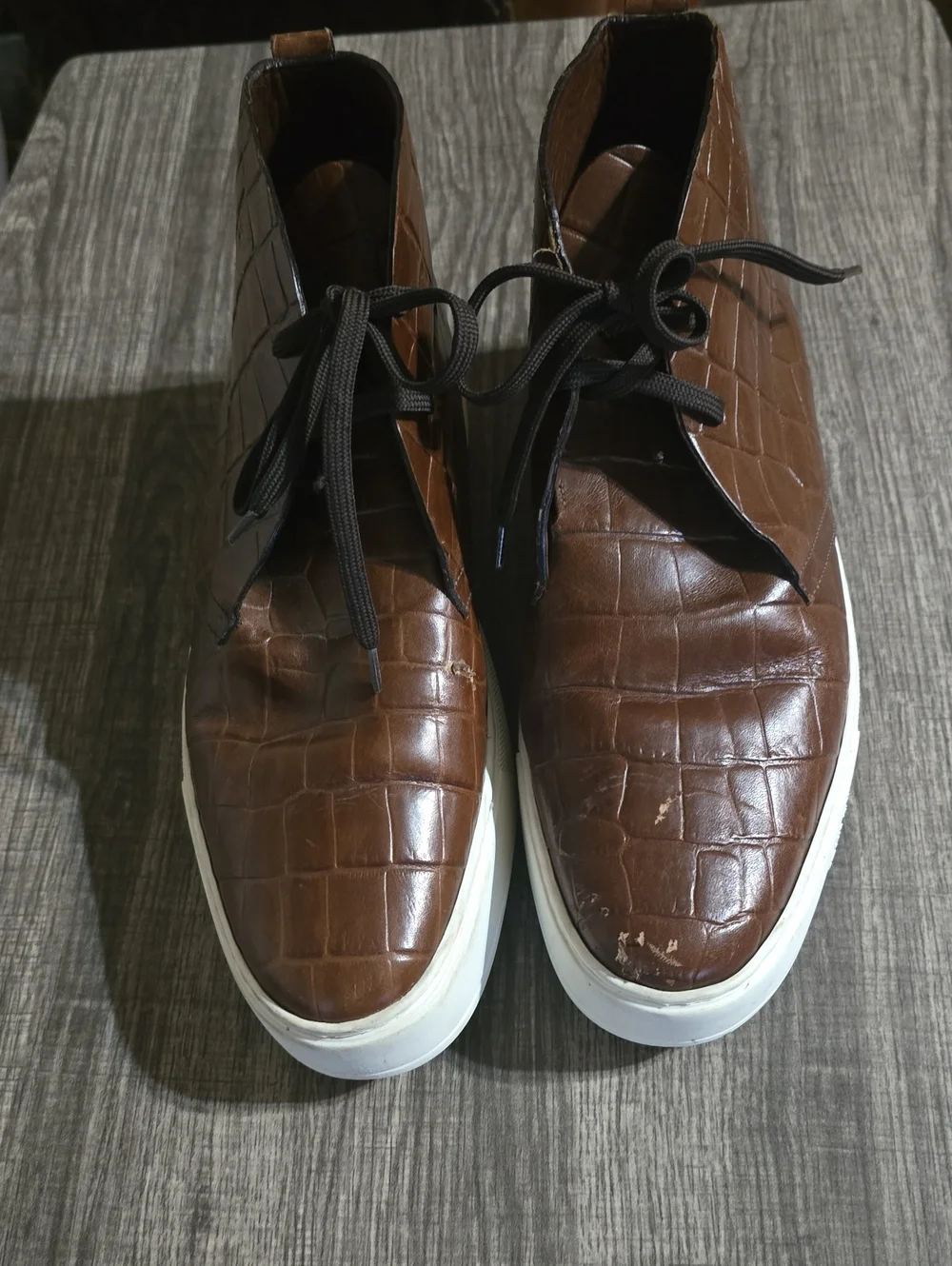 Louis Vuitton Brown Croc-Embossed Leather Chukka Boots with White Sole